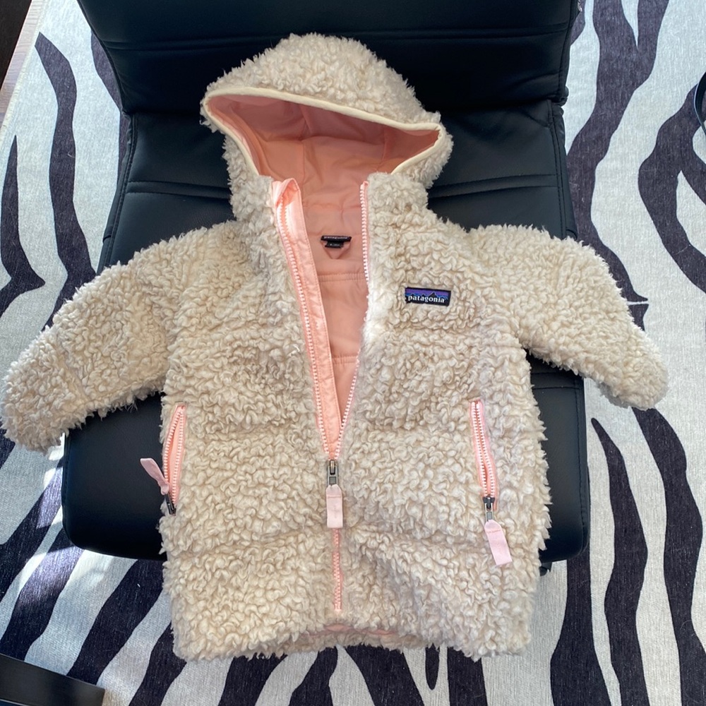 Patagonia baby Hi Loft Parka tan and pink on inside. Size 6-12 months.